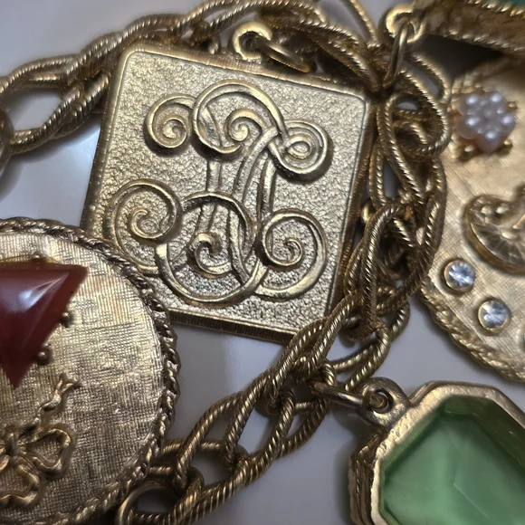 Vintage Gold-Tone Charm Bracelet with Green and Multicolor Gem Accents - Picture 11 of 14
